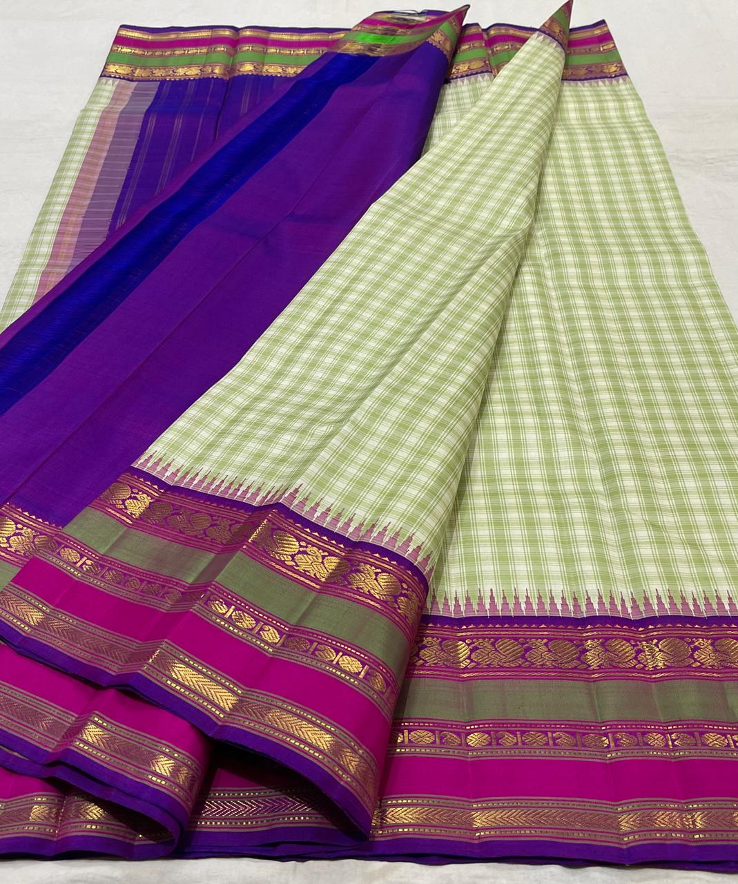 HALF WHITE/GREEN/PURPLE BORDER COLOUR COMBITION PURE KANCHI SILK SAREE