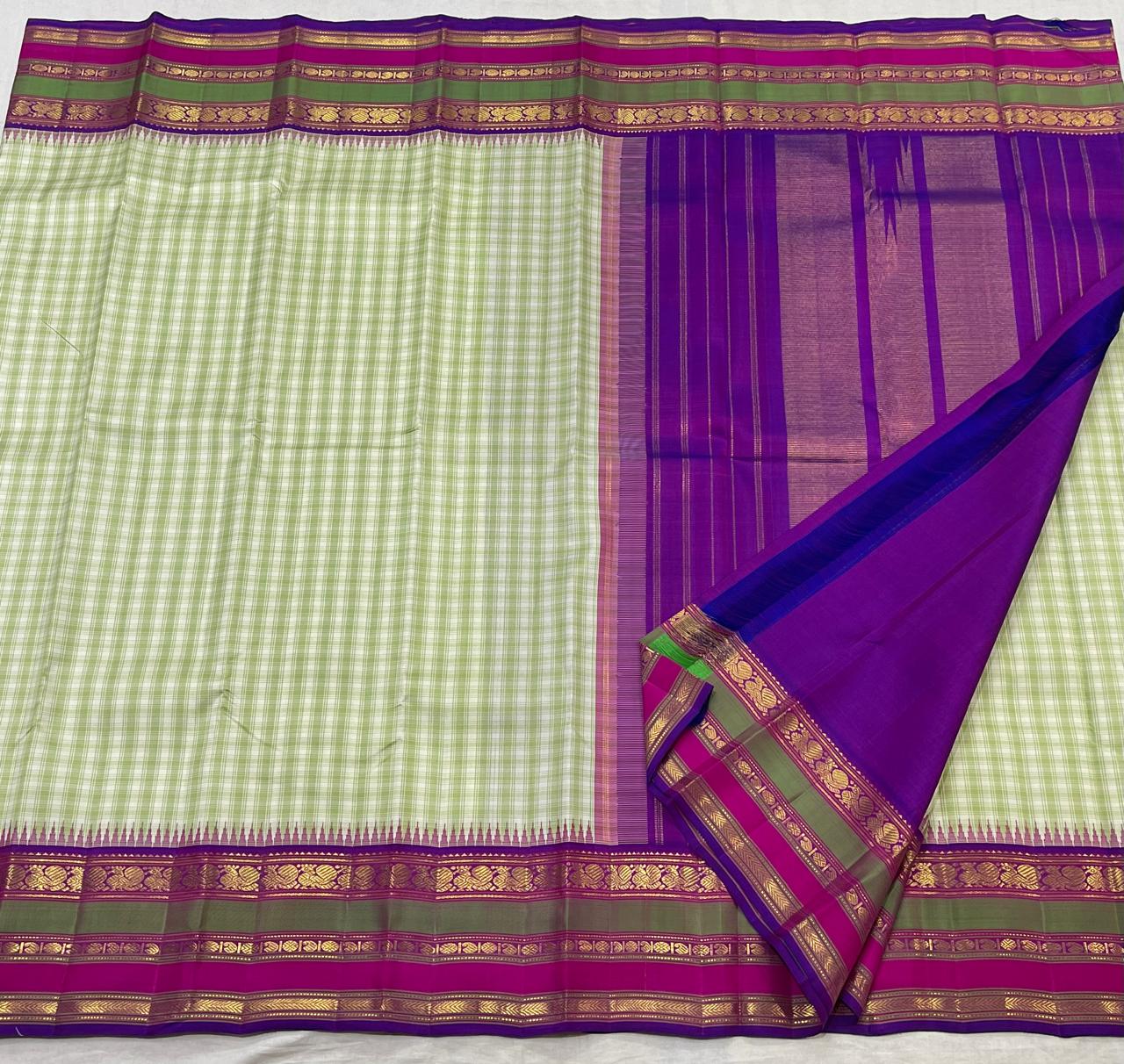 HALF WHITE/GREEN/PURPLE BORDER COLOUR COMBITION PURE KANCHI SILK SAREE