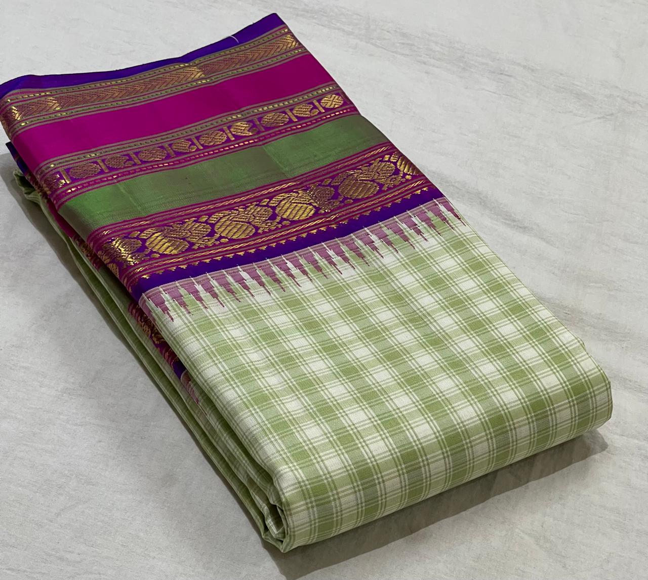 HALF WHITE/GREEN/PURPLE BORDER COLOUR COMBITION PURE KANCHI SILK SAREE