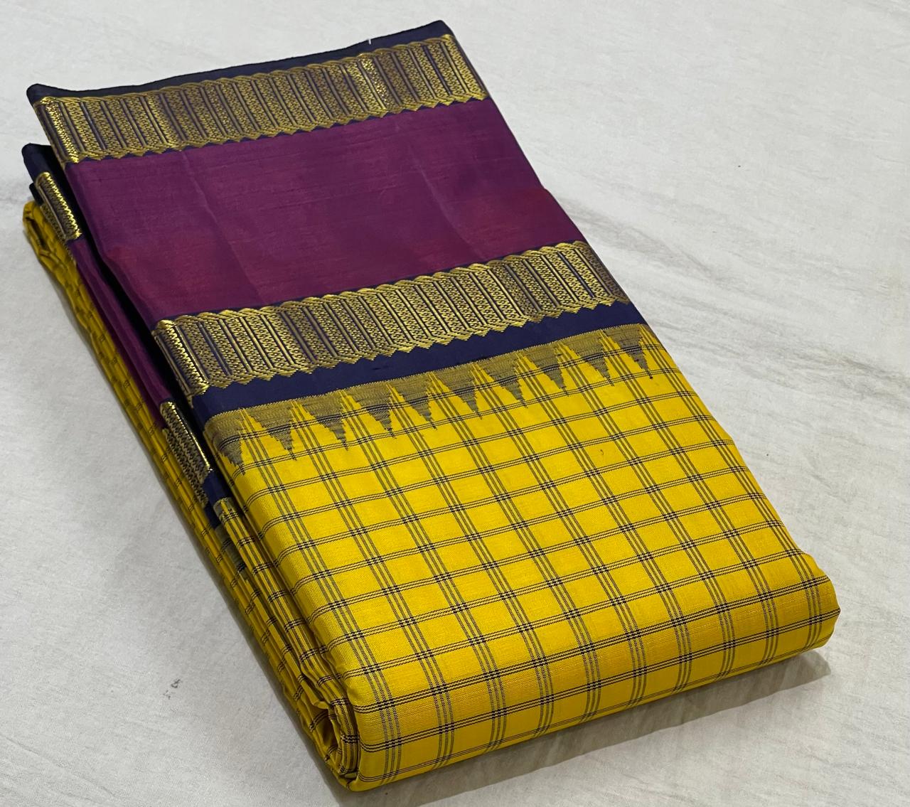 YELLOW/PURPLE/NAVY BLUE BORDER COLOUR COMBITION PURE KANCHI SILK SAREE