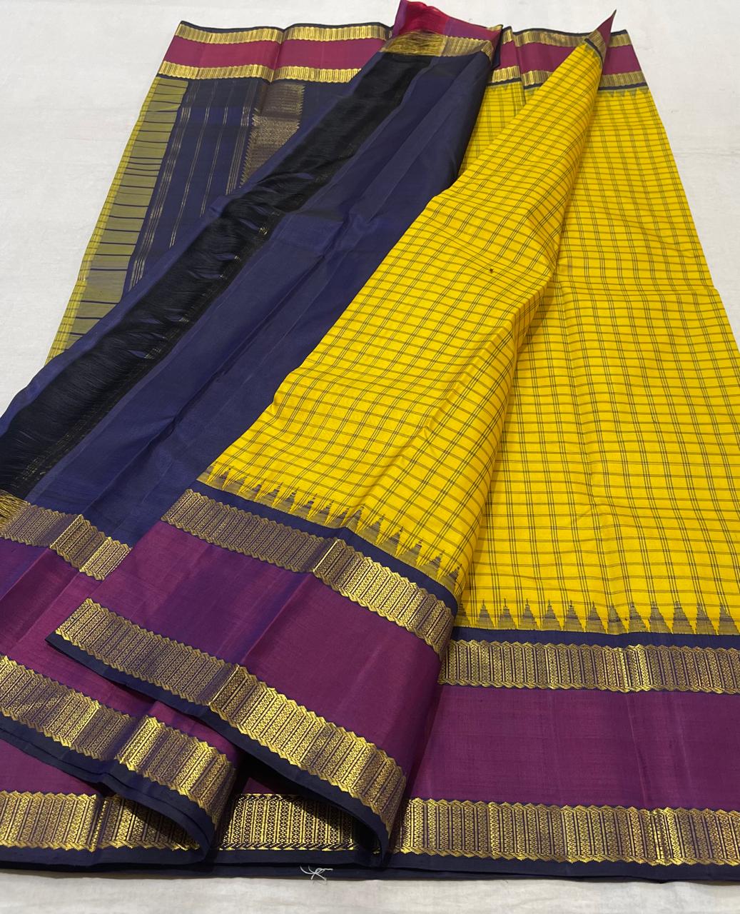 YELLOW/PURPLE/NAVY BLUE BORDER COLOUR COMBITION PURE KANCHI SILK SAREE