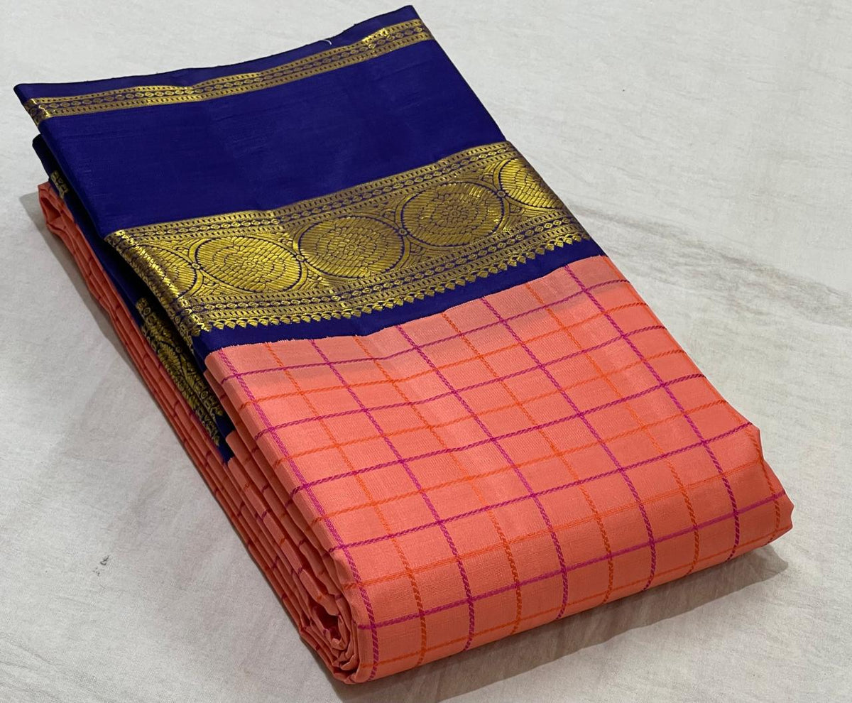 LITE ORANGE/NAVY BLUE  BORDER COLOUR COMBITION PURE KANCHI SILK SAREE