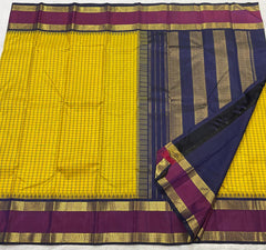 YELLOW/PURPLE/NAVY BLUE BORDER COLOUR COMBITION PURE KANCHI SILK SAREE