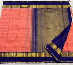 LITE ORANGE/NAVY BLUE  BORDER COLOUR COMBITION PURE KANCHI SILK SAREE