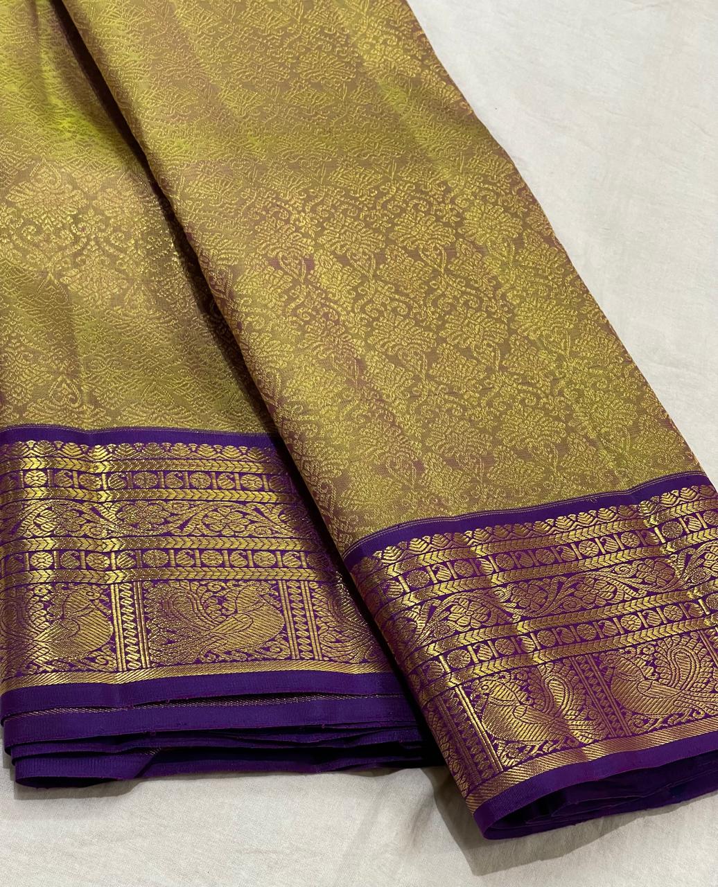 MEHANDI GREEN/PURPLE  BORDER COLOUR COMBITION PURE KANCHI SILK SAREE