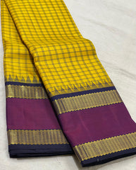 YELLOW/PURPLE/NAVY BLUE BORDER COLOUR COMBITION PURE KANCHI SILK SAREE