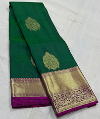 BOTTLE GREEN/PURPLE  BORDER COLOUR COMBITION PURE KANCHI SILK SAREE