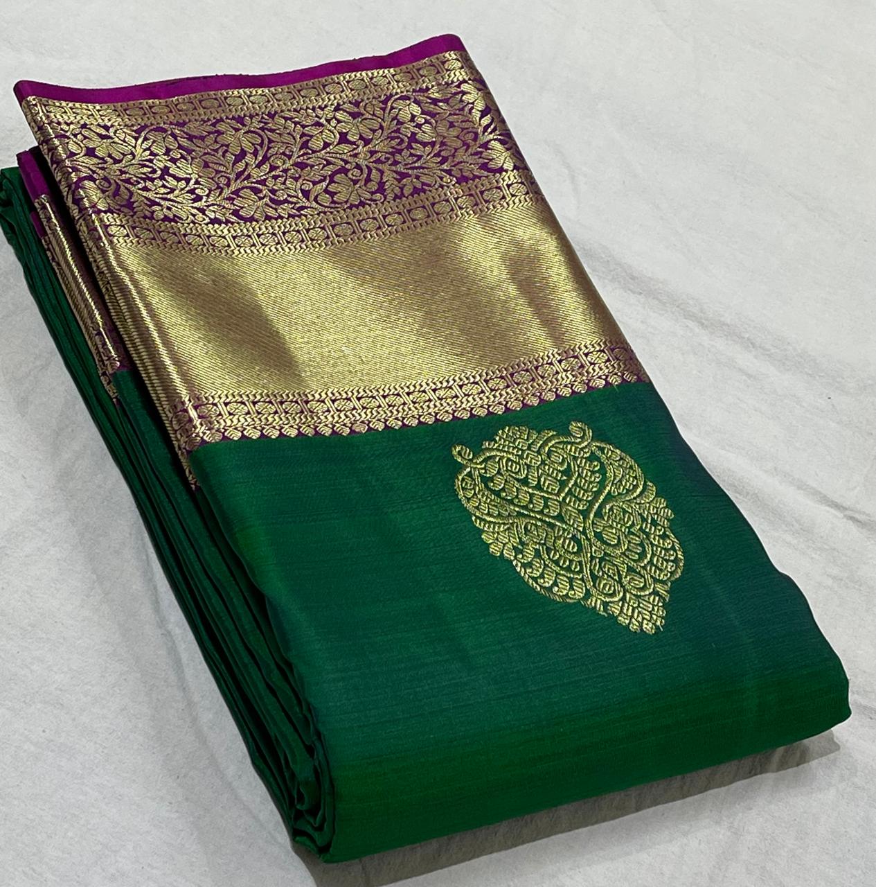 BOTTLE GREEN/PURPLE  BORDER COLOUR COMBITION PURE KANCHI SILK SAREE