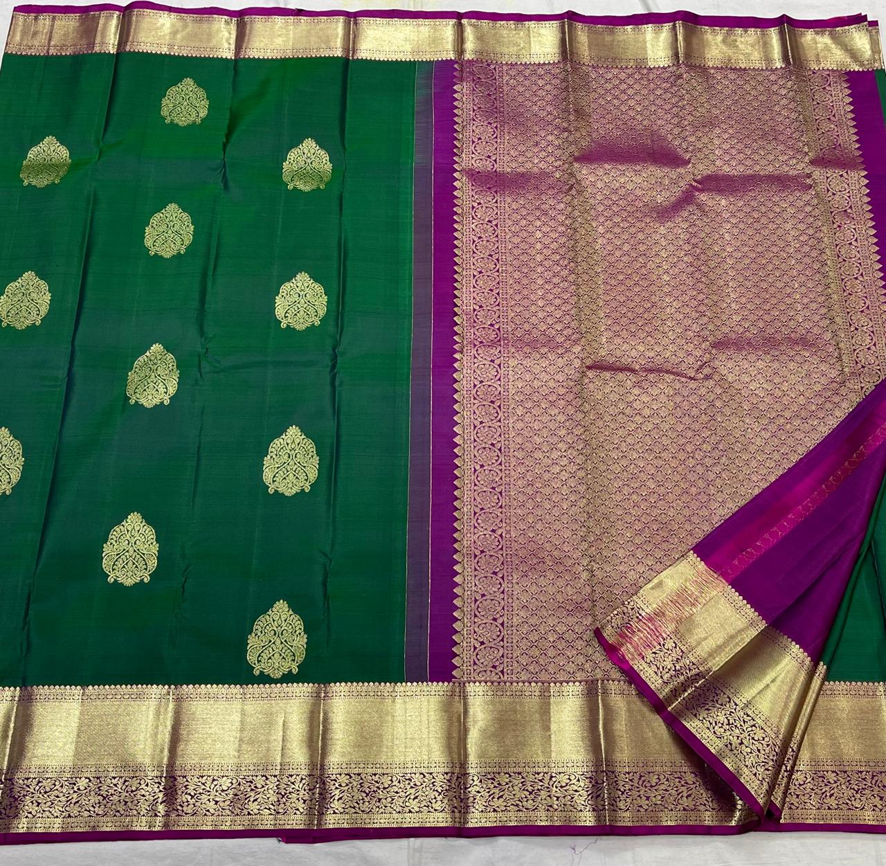 BOTTLE GREEN/PURPLE  BORDER COLOUR COMBITION PURE KANCHI SILK SAREE