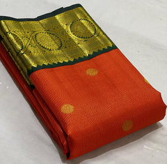 ORANGE/BOTTLE GREEN BORDER COLOUR COMBITION PURE KANCHI SILK SAREE