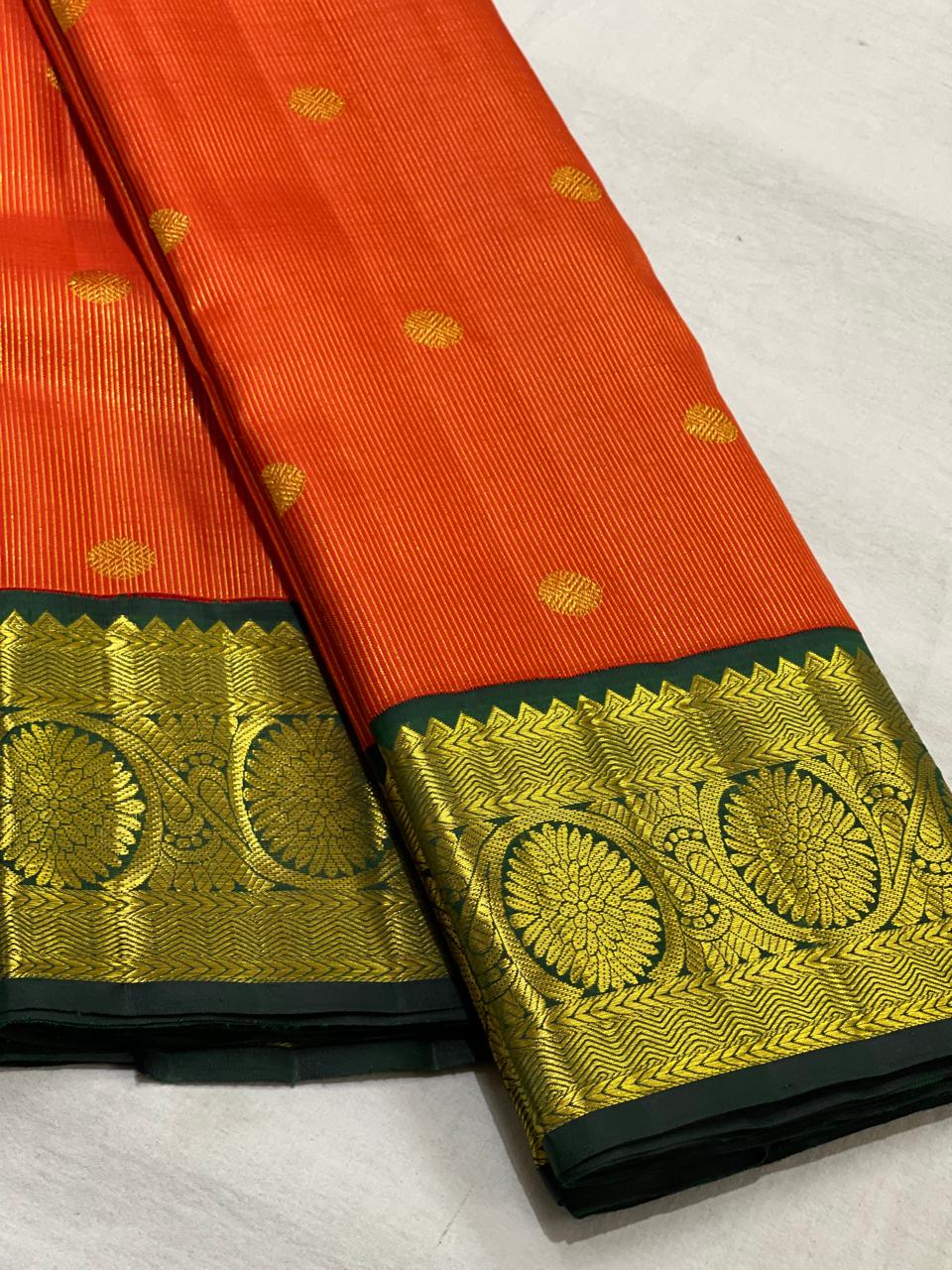 ORANGE/BOTTLE GREEN BORDER COLOUR COMBITION PURE KANCHI SILK SAREE