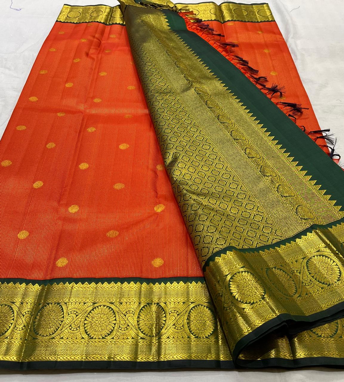 ORANGE/BOTTLE GREEN BORDER COLOUR COMBITION PURE KANCHI SILK SAREE