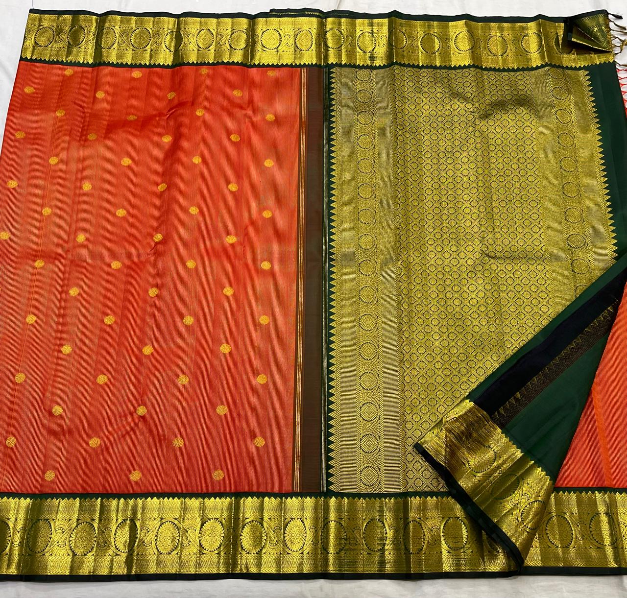 ORANGE/BOTTLE GREEN BORDER COLOUR COMBITION PURE KANCHI SILK SAREE