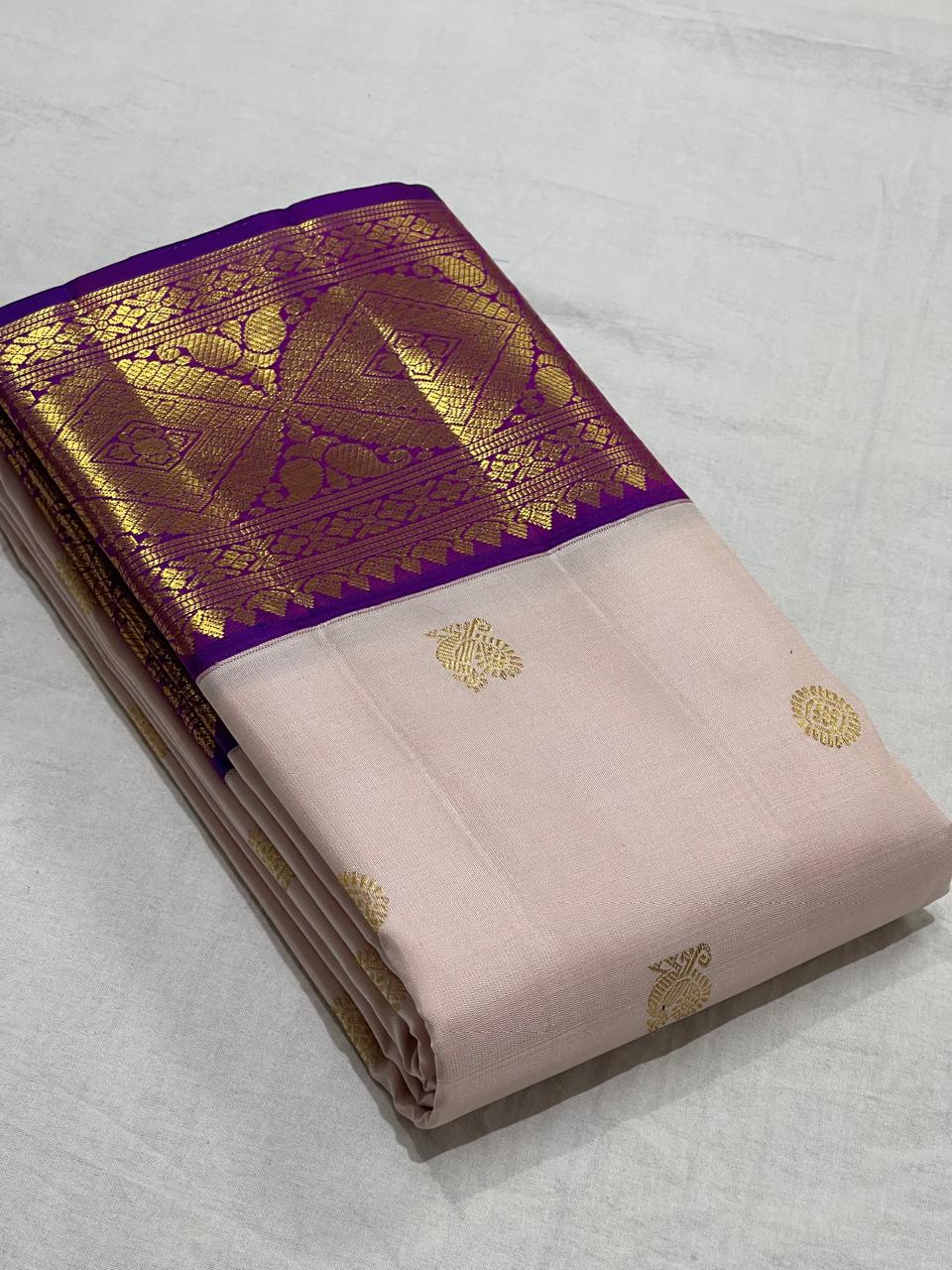 CREAM/PURPLE  WITH ZARI  KANCHI SILK SAREE