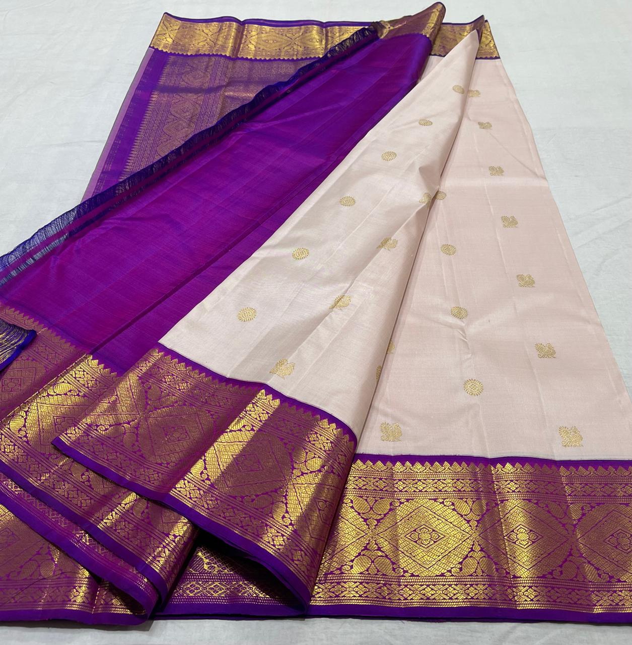 CREAM/PURPLE  WITH ZARI  KANCHI SILK SAREE