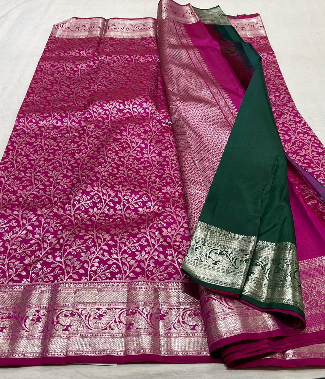 PINK/BOTTLE GREEN  BORDER COLOUR COMBITION PURE KANCHI SILK SAREE