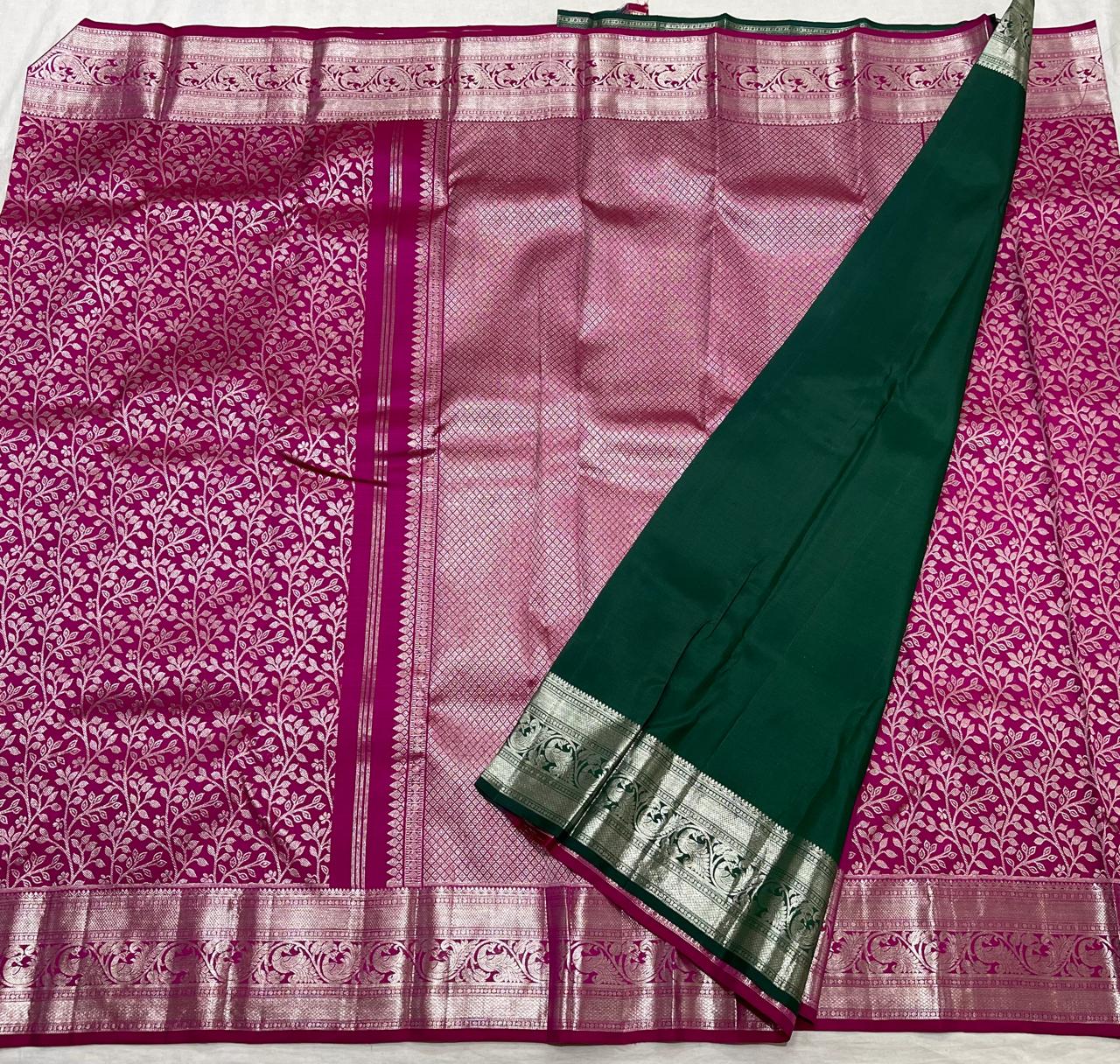 PINK/BOTTLE GREEN  BORDER COLOUR COMBITION PURE KANCHI SILK SAREE