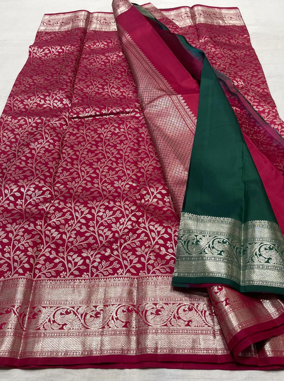 MAGENTA PINK/BOTTLE GREEN  BORDER COLOUR COMBITION PURE KANCHI SILK SAREE