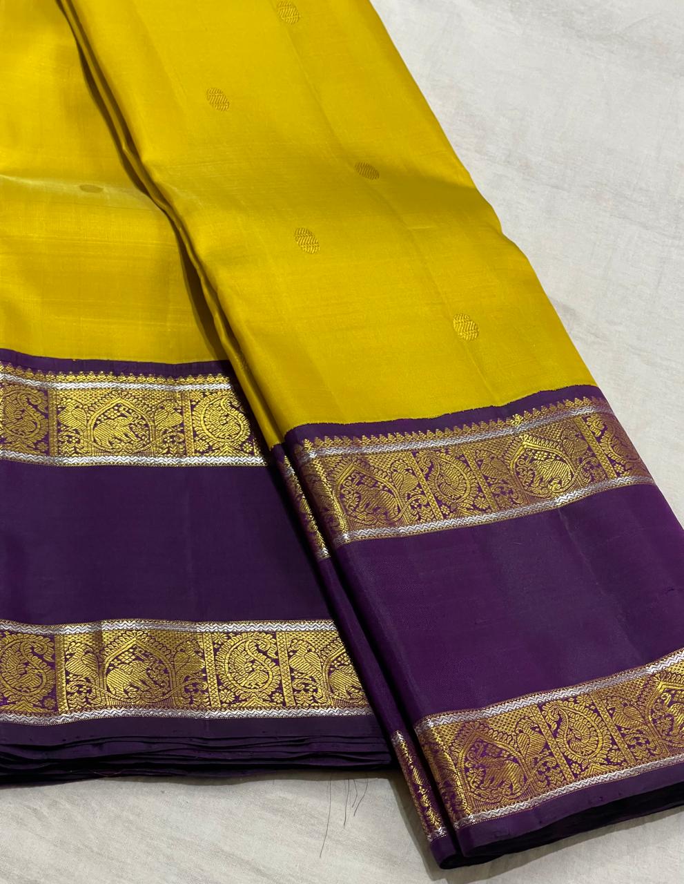 LEMON YELLOW/VOILET BORDER COLOUR COMBITION PURE KANCHI SILK SAREE