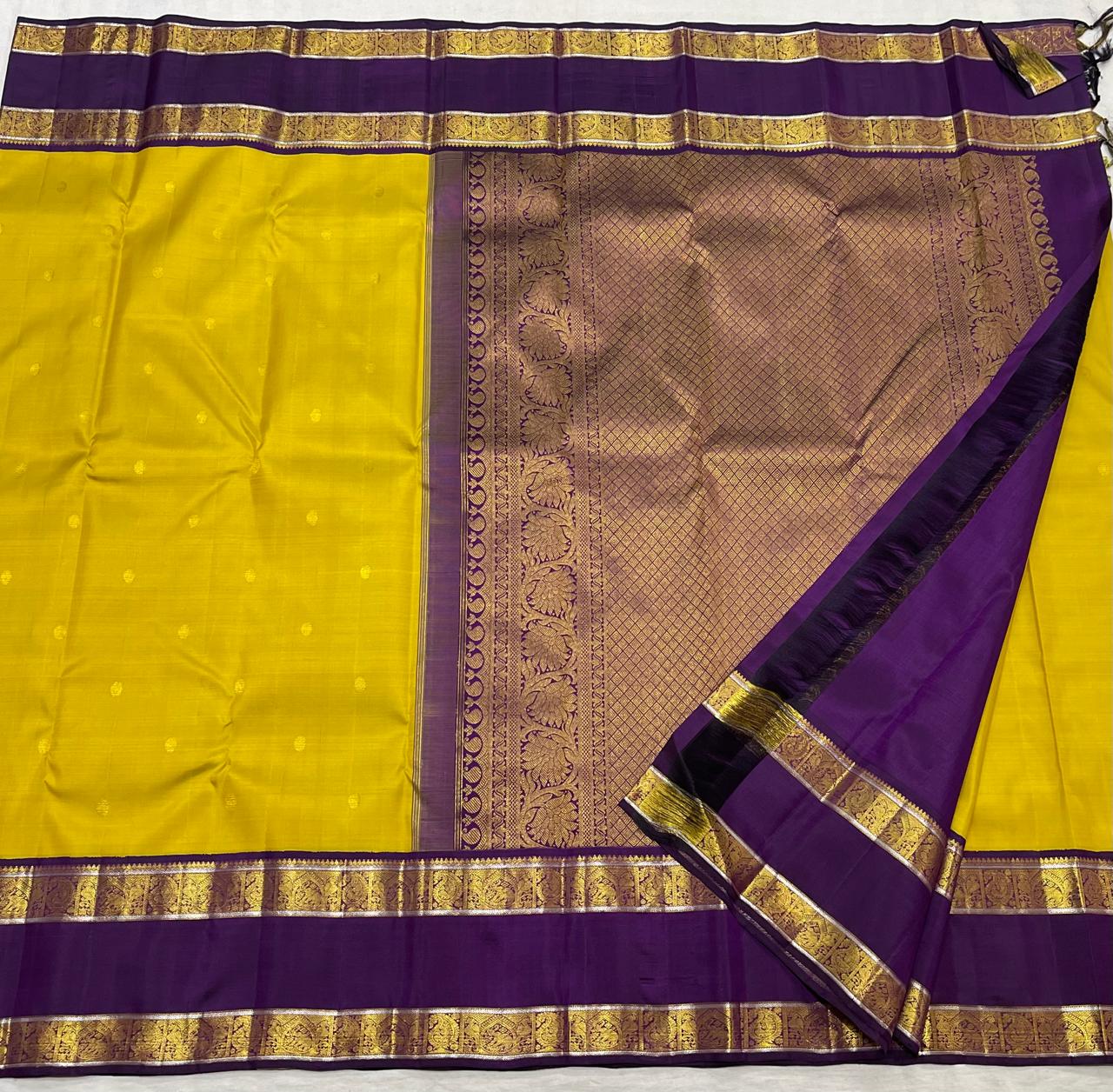 LEMON YELLOW/VOILET BORDER COLOUR COMBITION PURE KANCHI SILK SAREE