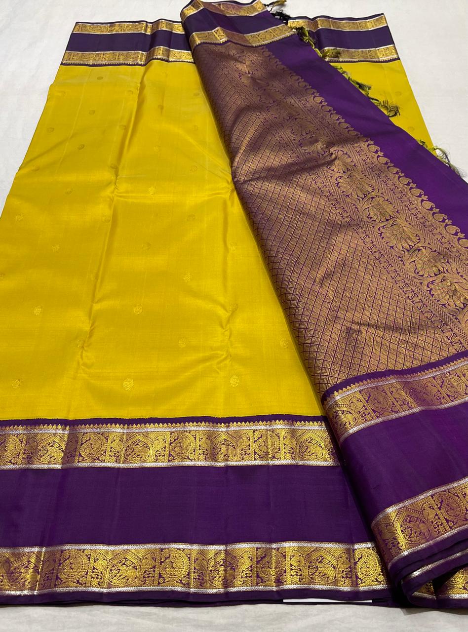 LEMON YELLOW/VOILET BORDER COLOUR COMBITION PURE KANCHI SILK SAREE