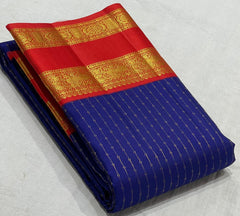 NAVY BLUE/ORANGISH RED  BORDER COLOUR COMBITION PURE KANCHI SILK SAREE