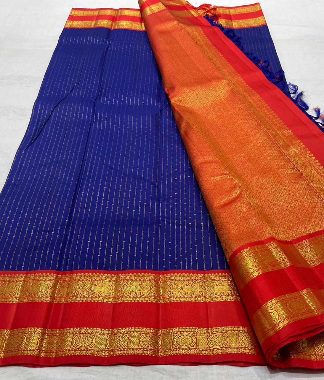 NAVY BLUE/ORANGISH RED  BORDER COLOUR COMBITION PURE KANCHI SILK SAREE