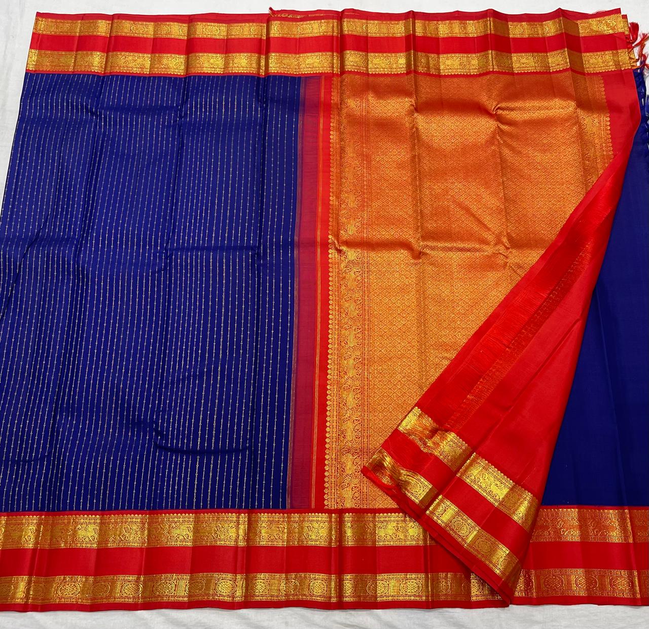 NAVY BLUE/ORANGISH RED  BORDER COLOUR COMBITION PURE KANCHI SILK SAREE