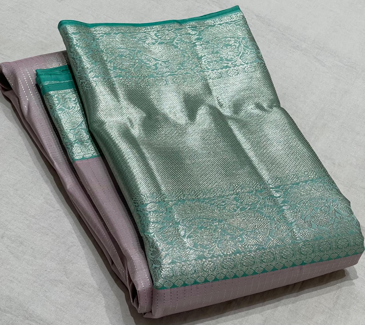 LILAC/TORQUISE BLUE BORDER COLOUR COMBITION PURE KANCHI SILK SAREE