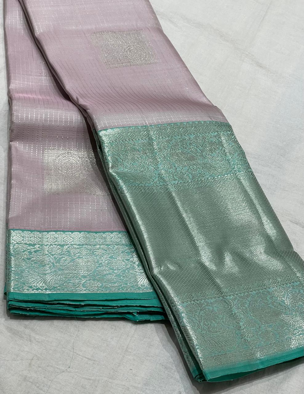 LILAC/TORQUISE BLUE BORDER COLOUR COMBITION PURE KANCHI SILK SAREE