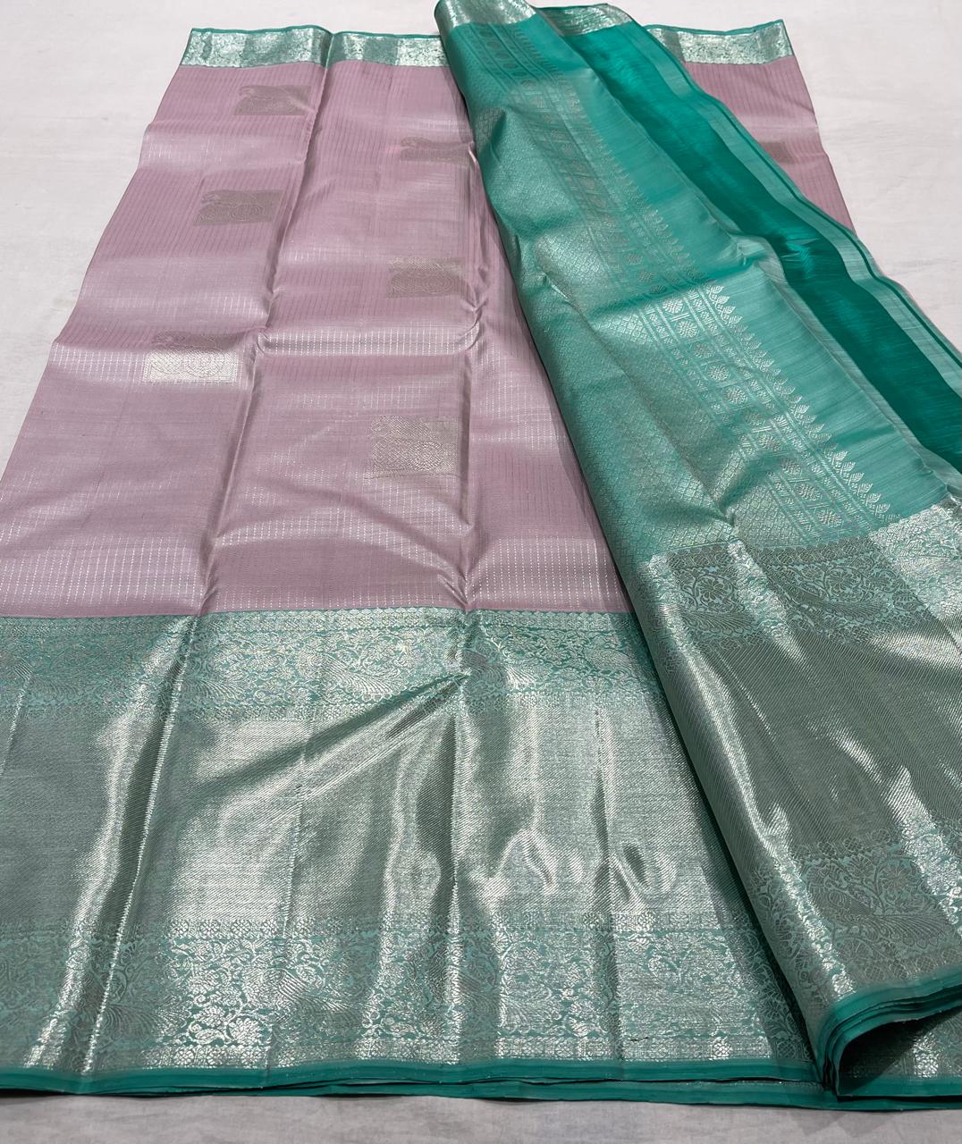 LILAC/TORQUISE BLUE BORDER COLOUR COMBITION PURE KANCHI SILK SAREE