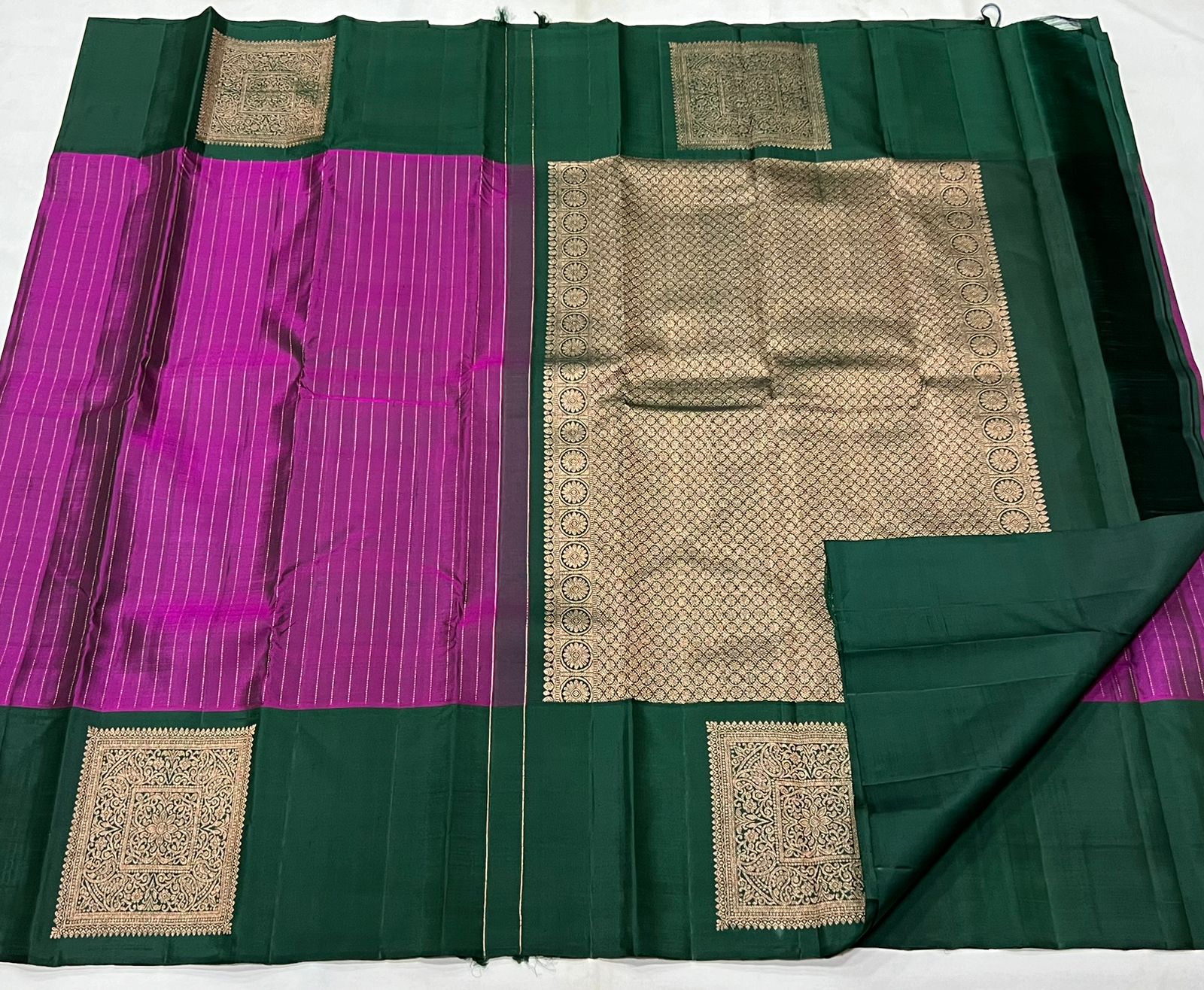 BOTTLE GREEN/PURPLE  COLOUR COMBITION PURE KANCHI SILK SAREE