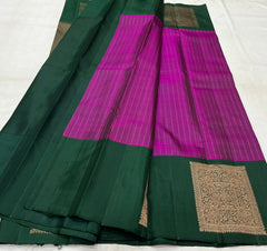 BOTTLE GREEN/PURPLE  COLOUR COMBITION PURE KANCHI SILK SAREE