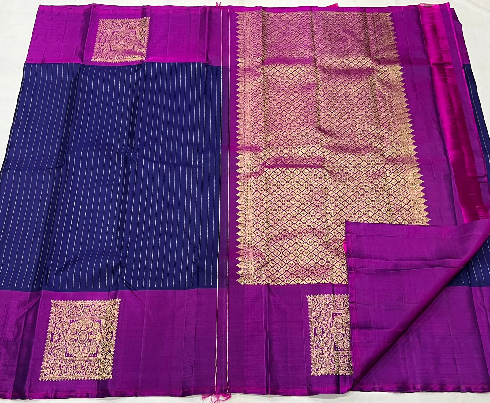 NAVY BLUE/PURPLE  COLOUR COMBITION PURE KANCHI SILK SAREE