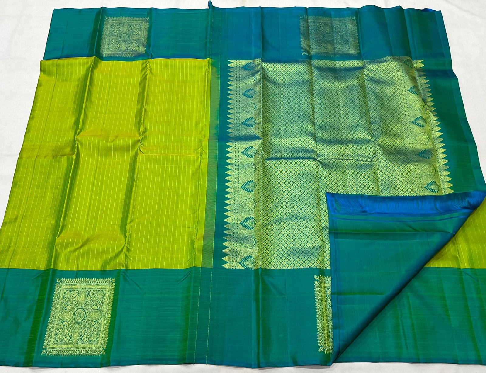 MEHANDI GREEN/TORQUISE BLUE COLOUR COMBITION PURE KANCHI SILK SAREE