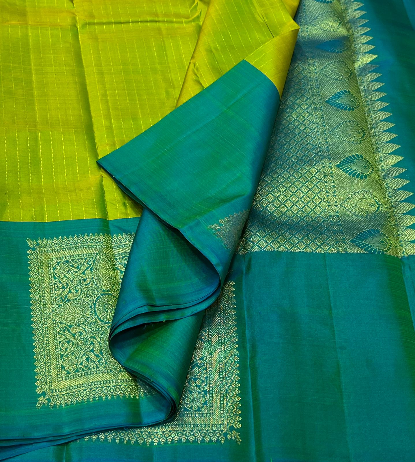 MEHANDI GREEN/TORQUISE BLUE COLOUR COMBITION PURE KANCHI SILK SAREE