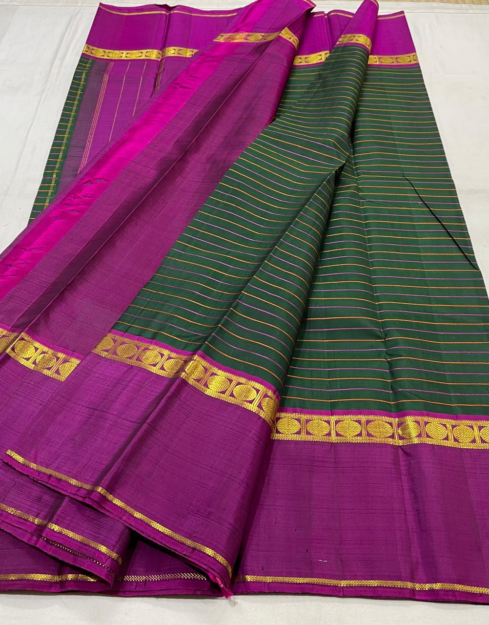 BOTTLE GREEN/PINK  COLOUR COMBITION PURE KANCHI SILK SAREE