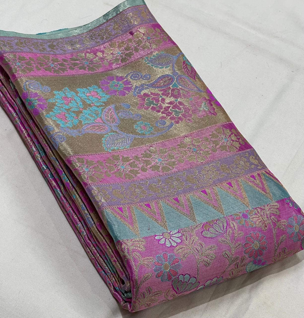 BABY PINK/MULTI COLOUR COMBITION PURE KANCHI SILK SAREE