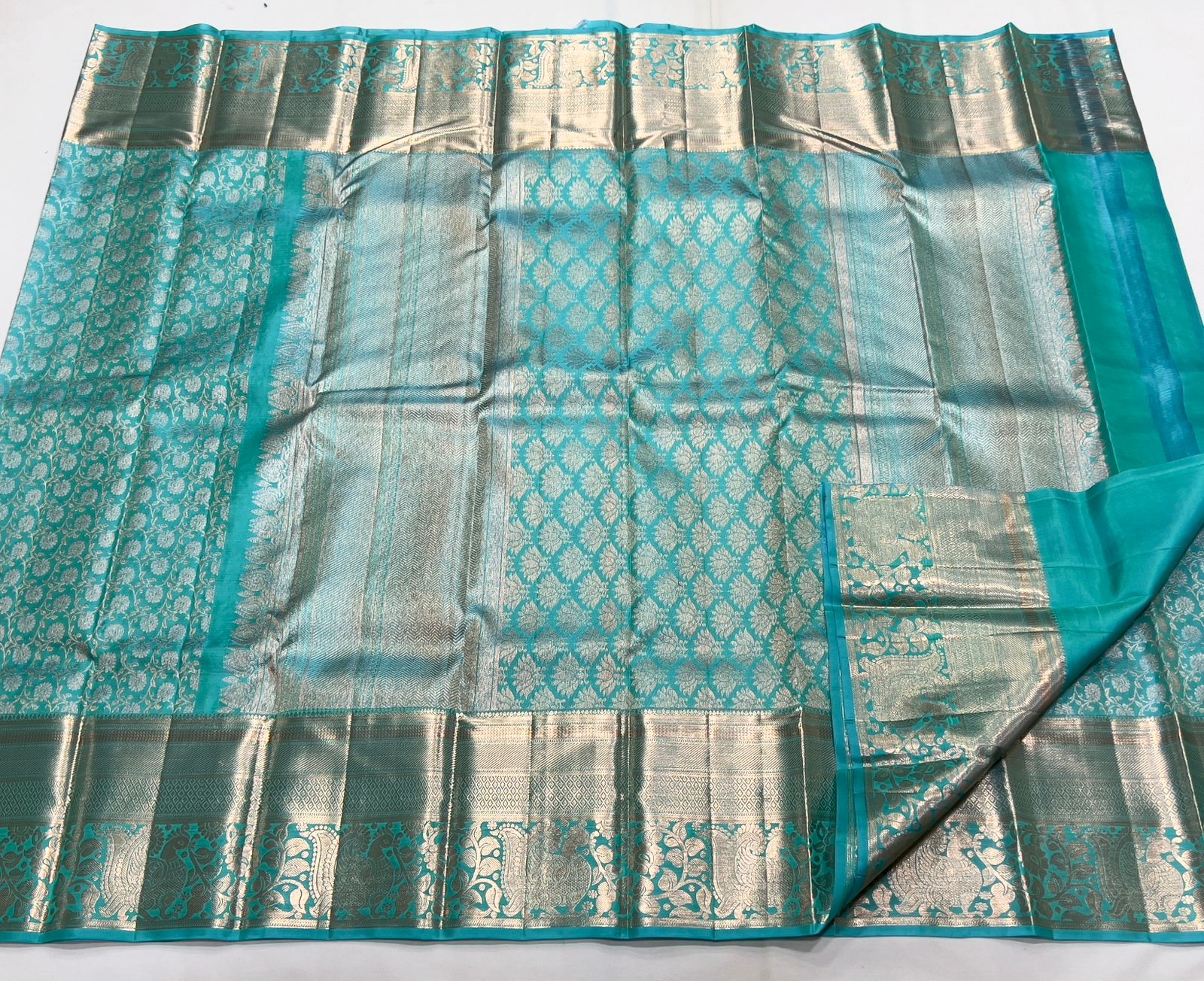 AQUA BLUE/GOLD COLOUR COMBITION PURE KANCHI SILK SAREE