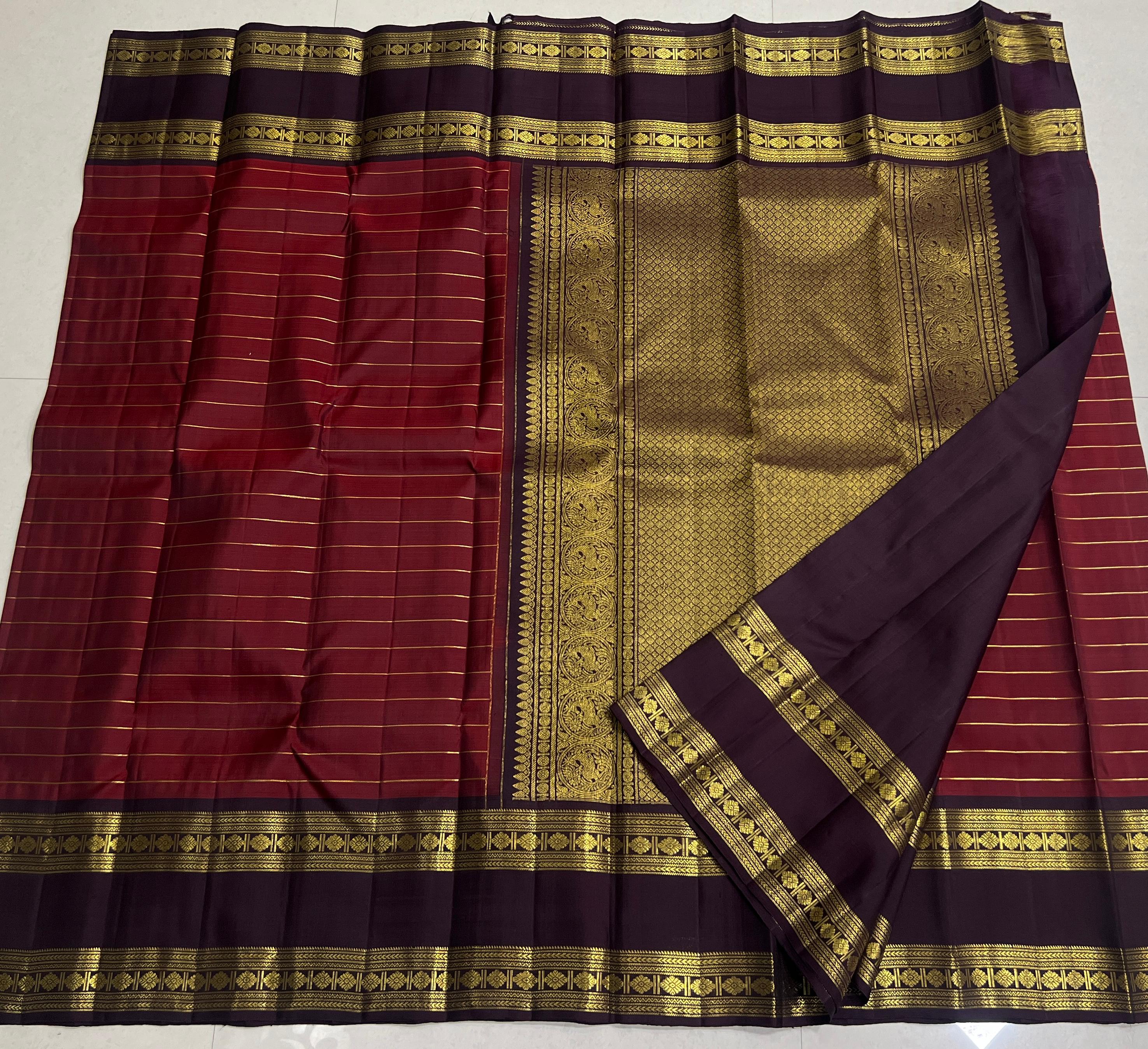 MAROON/BROWN  COLOUR COMBITION PURE KANCHI SILK SAREE