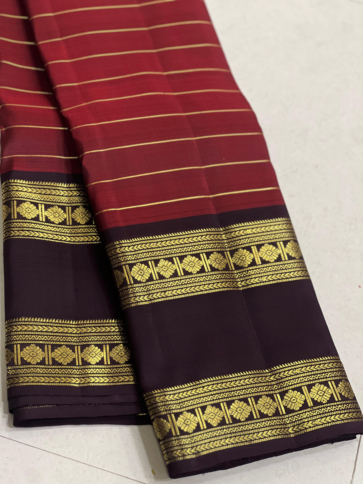 MAROON/BROWN  COLOUR COMBITION PURE KANCHI SILK SAREE