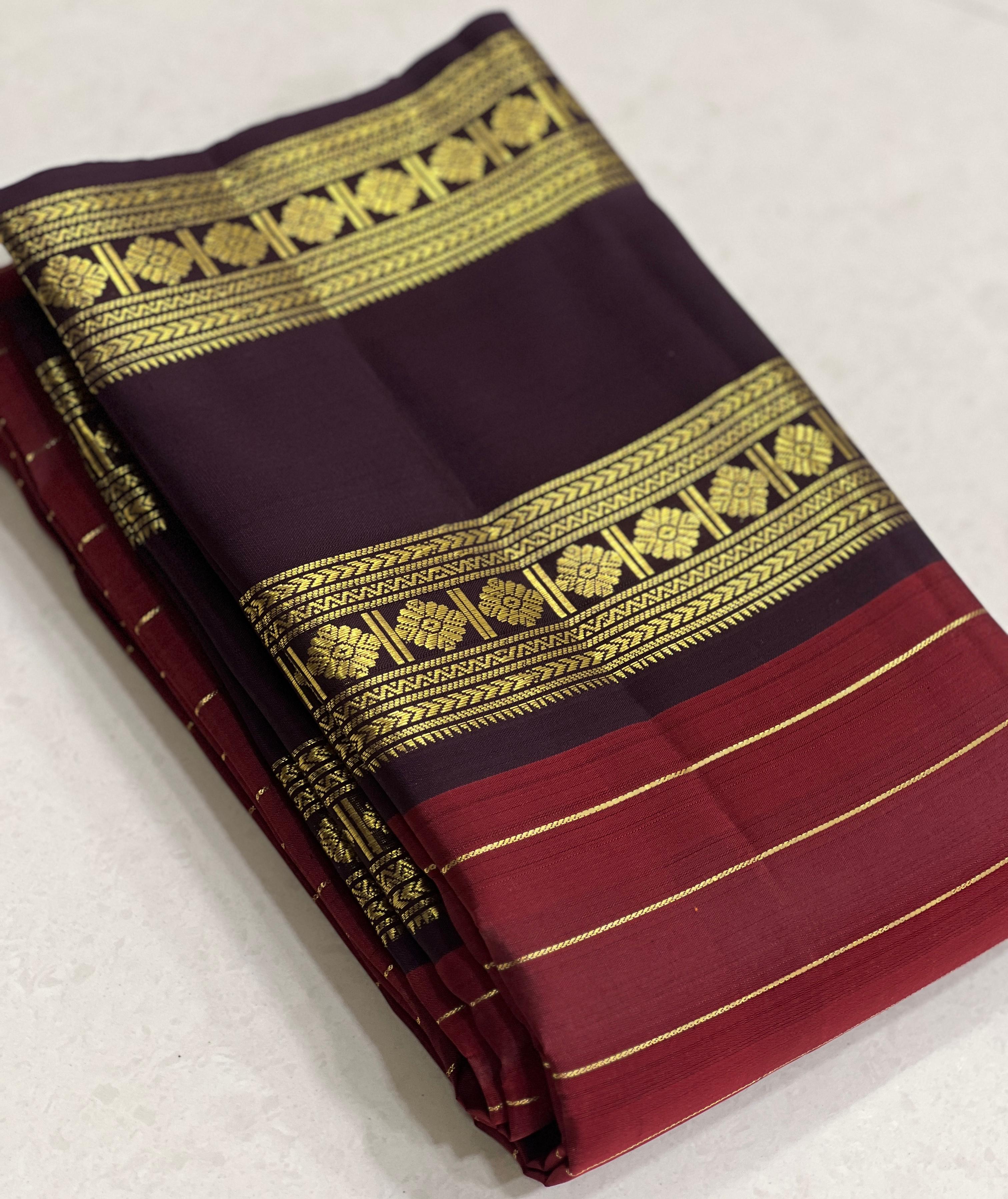 MAROON/BROWN  COLOUR COMBITION PURE KANCHI SILK SAREE