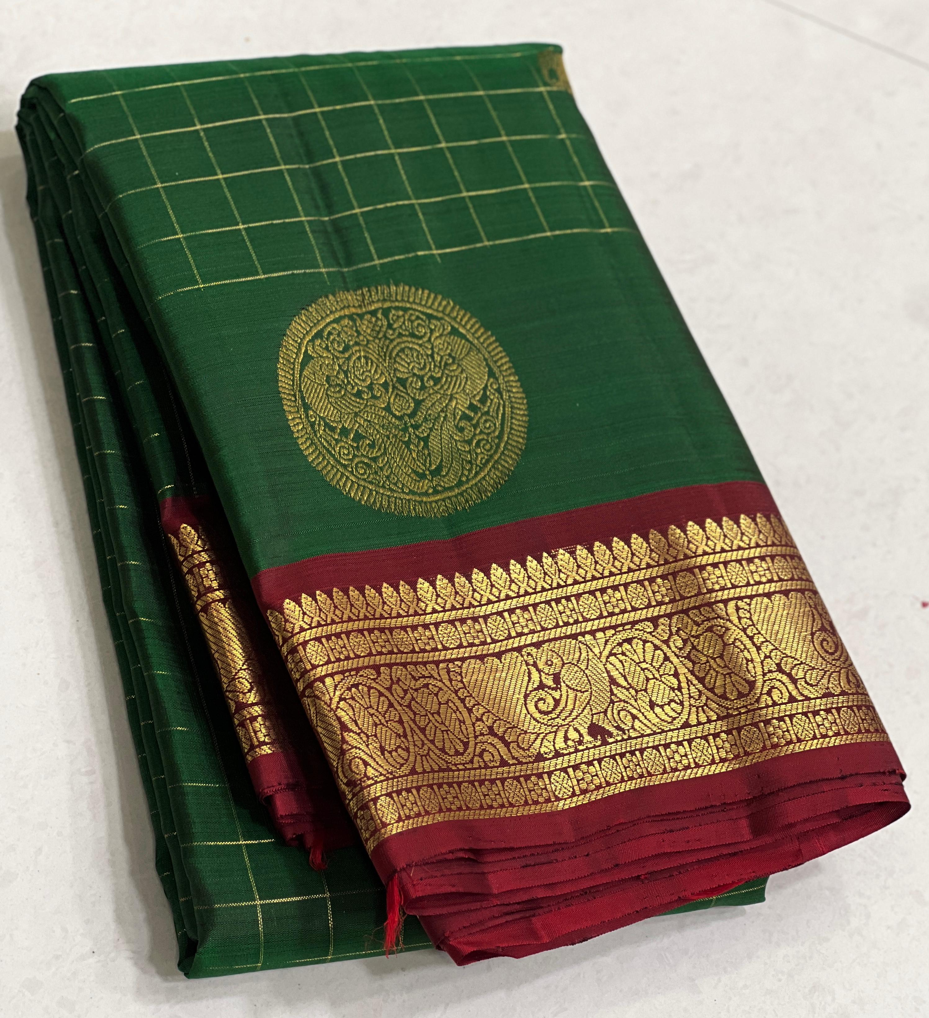 BOTTLE GREEN/MAROON COLOUR COMBITION PURE KANCHI SILK SAREE