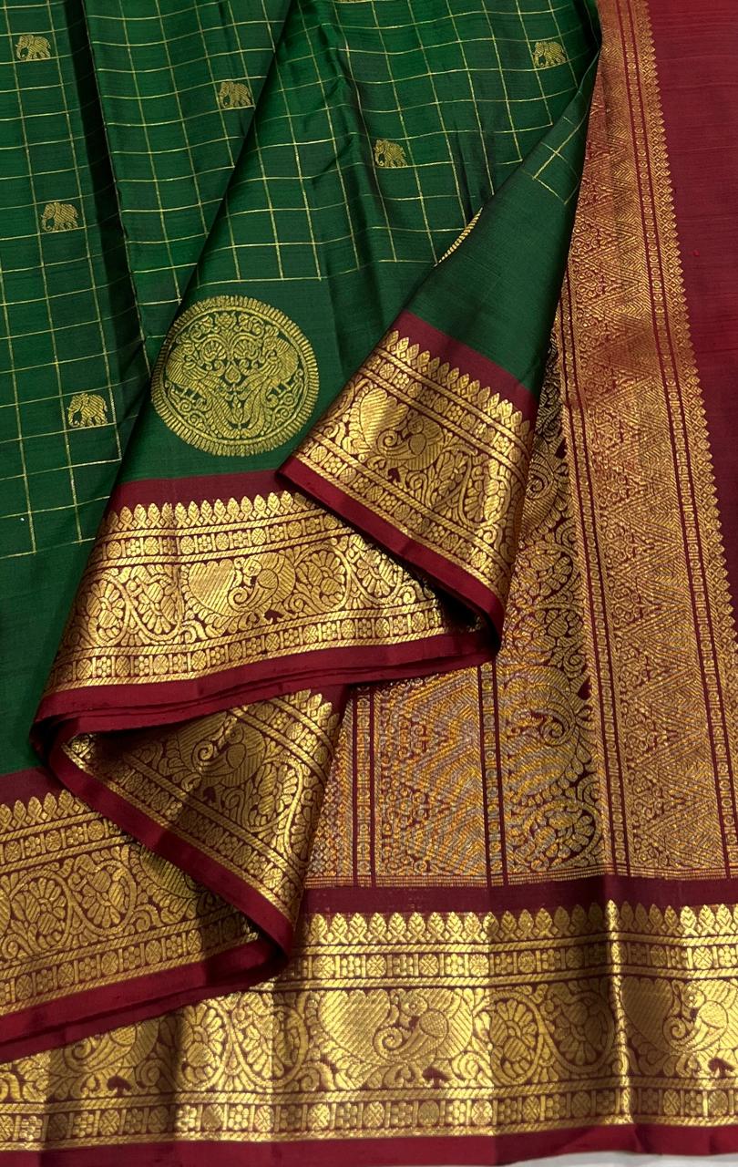 BOTTLE GREEN/MAROON COLOUR COMBITION PURE KANCHI SILK SAREE