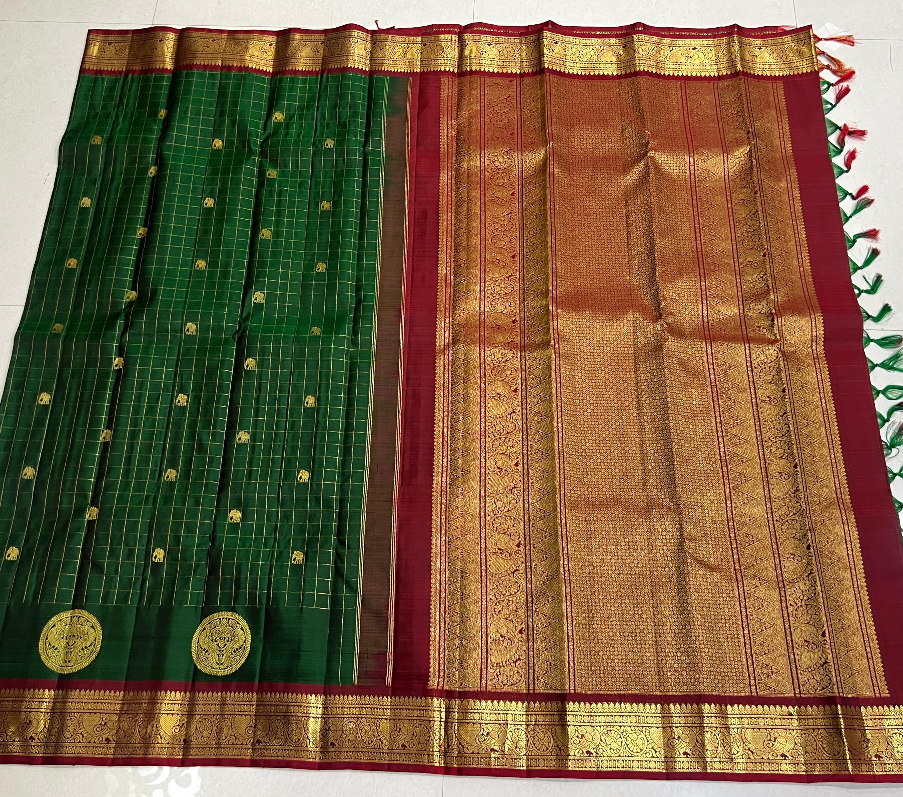 BOTTLE GREEN/MAROON COLOUR COMBITION PURE KANCHI SILK SAREE