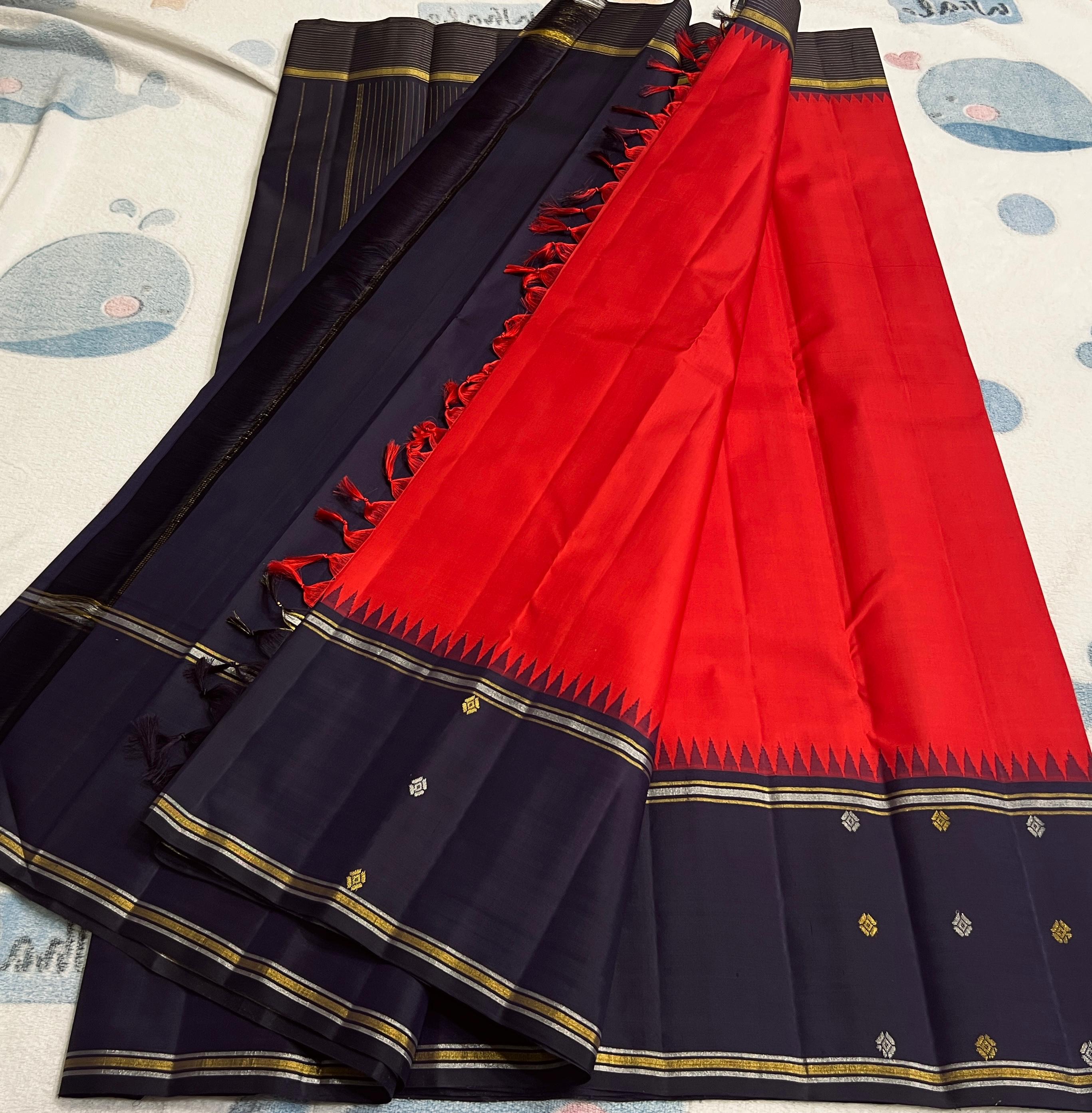 CHILLI RED/BLACK COLOUR COMBITION PURE KANCHI SILK SAREE