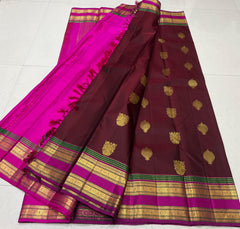 BROWN/PINK COLOUR COMBITION PURE KANCHI SILK SAREE