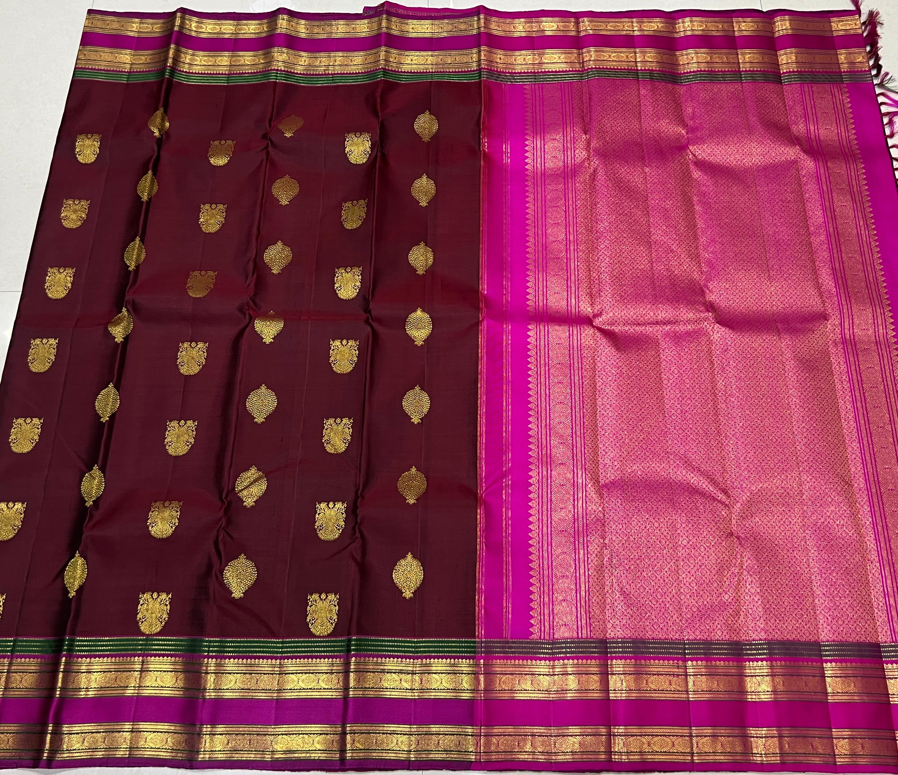 BROWN/PINK COLOUR COMBITION PURE KANCHI SILK SAREE