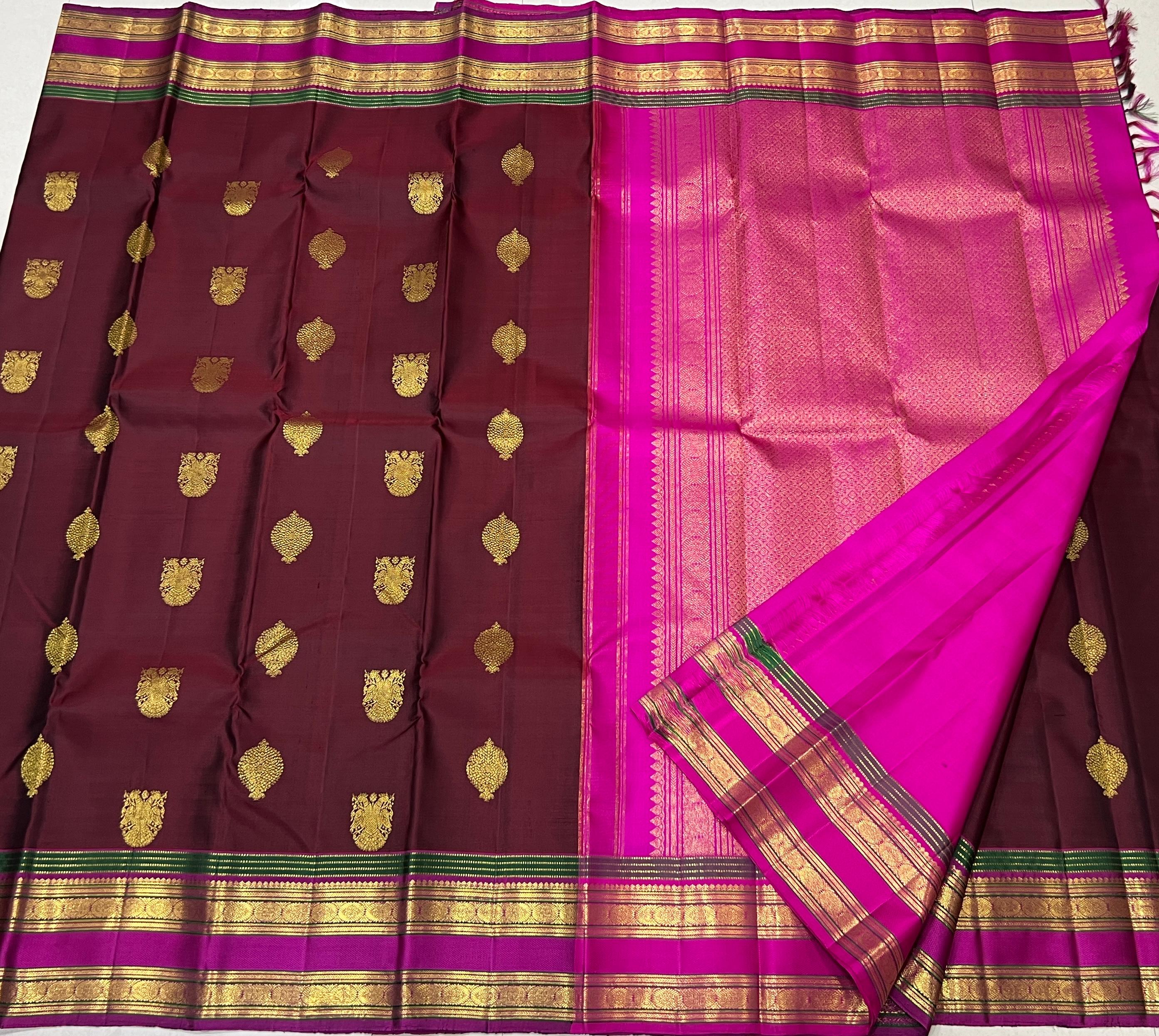 BROWN/PINK COLOUR COMBITION PURE KANCHI SILK SAREE