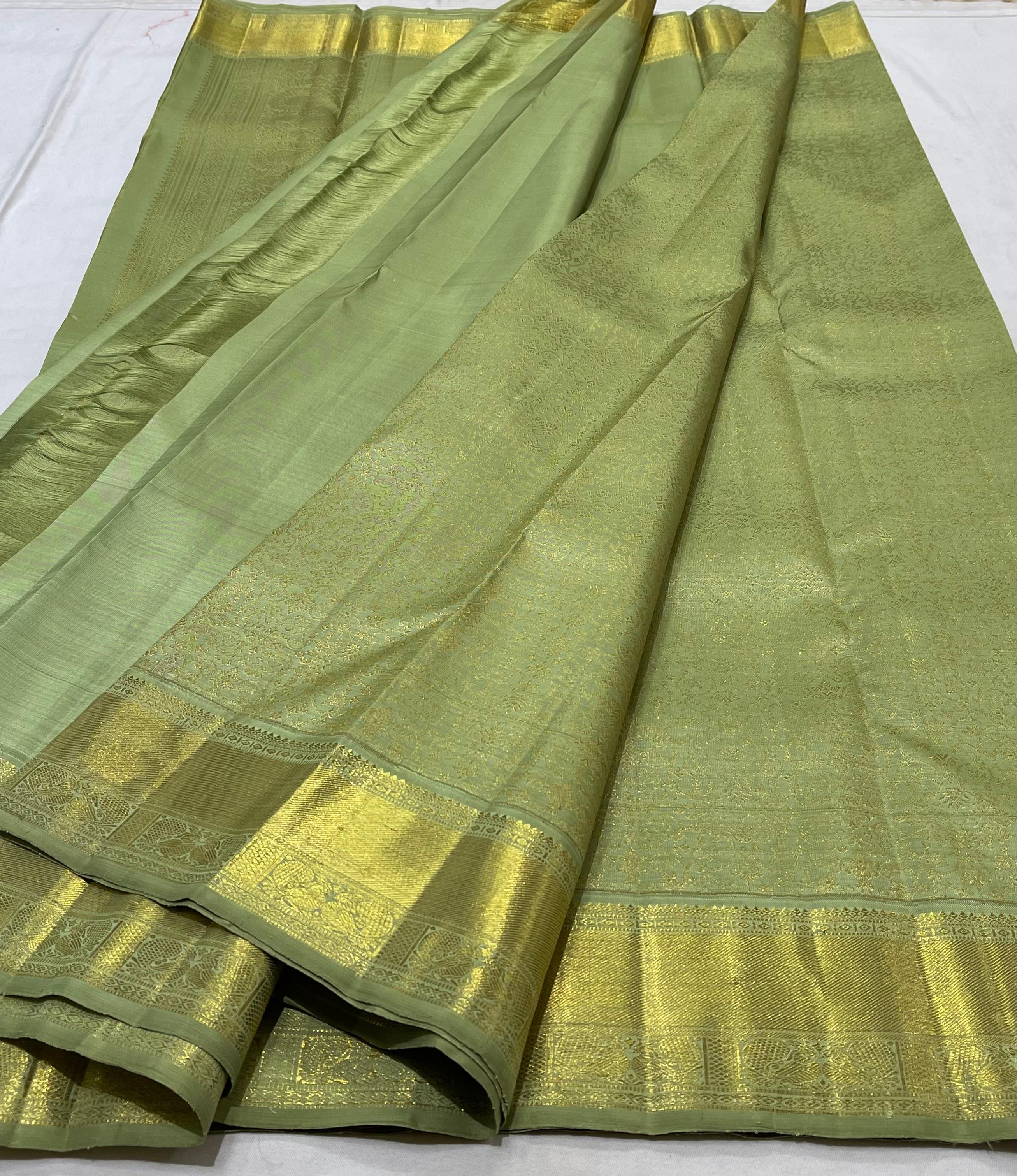 LITE MEHNDI GREEN  COLOUR COMBITION PURE KANCHI SILK SAREE